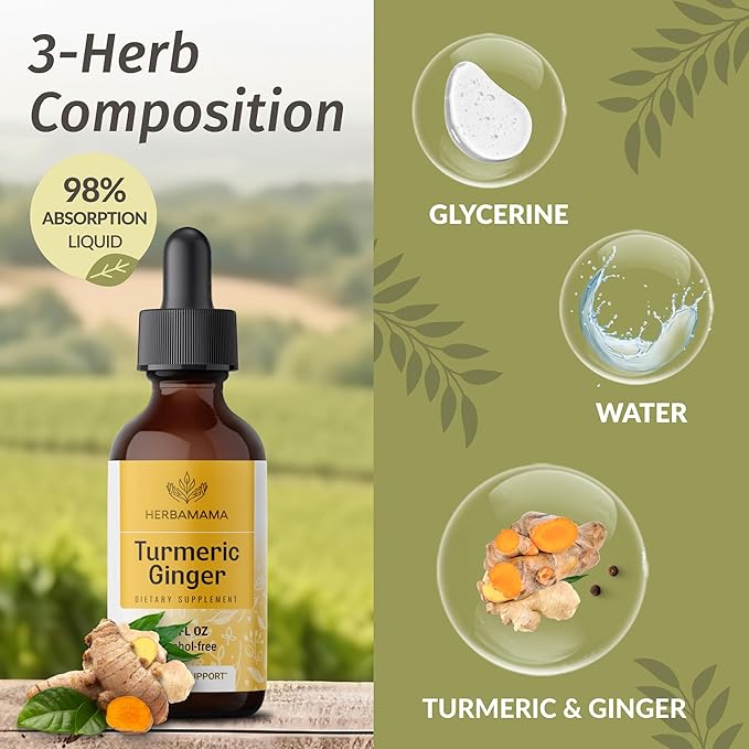 HERBAMAMA Liquid Drops Kit - Bundle of Turmeric Ginger Extract and Mullein Leaf Tincture 2 fl oz - Vegan, Non-GMO, Sugar & Alcohol-Free - 2 Pack