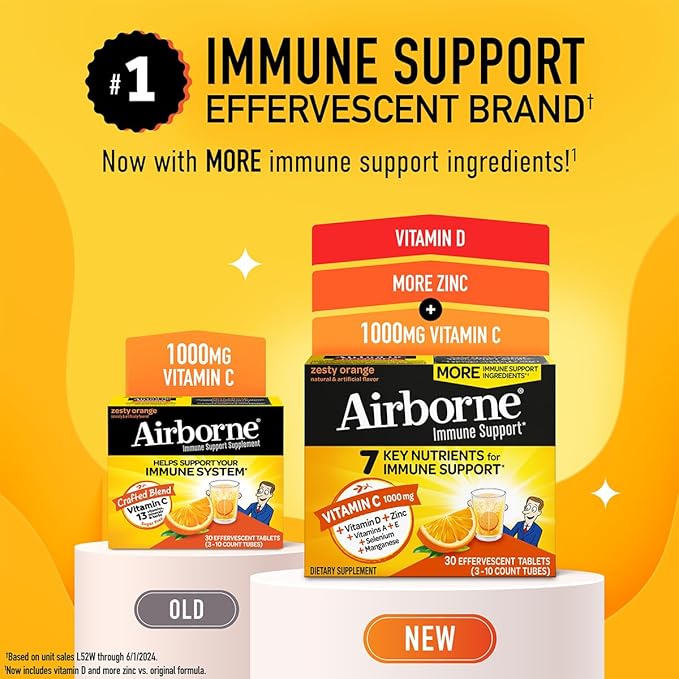 Airborne 1000mg Vitamin C + Zinc Sugar Free Multivitamin Immune Support Effervescent Fizzy Drink Tablets, Zesty Orange Flavor with Powerful Antioxidants Vitamins A C & E, 30 Tablets (2 Pack)