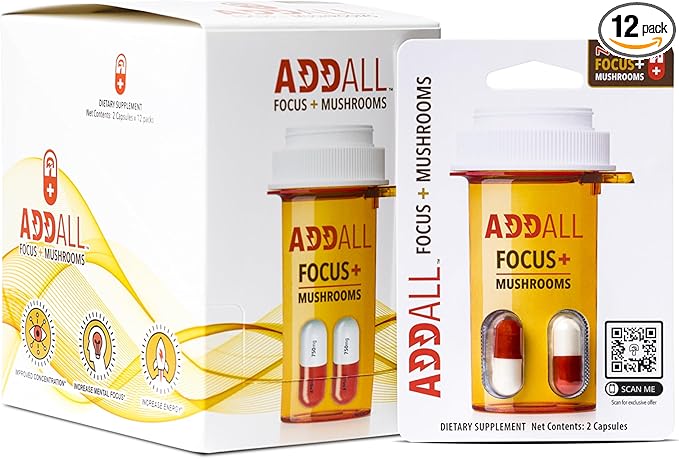 Focus + Mushrooms Memory Supplement (12 Pack) #1 Effective Alternative Brain Supplement Substitute Pills Nootropic & Energy | No Crash | Science Backed Formula | USA Made