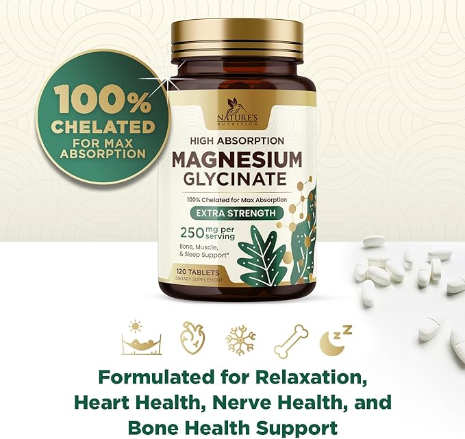 Magnesium Glycinate 250 mg, 100% Chelated Magnesium Supplement - High Absorption Magnesium for Muscle, Heart, Bone and Nerve Health Support, Nature's Gluten Free, Vegan, Non-GMO Capsules - 120 Count