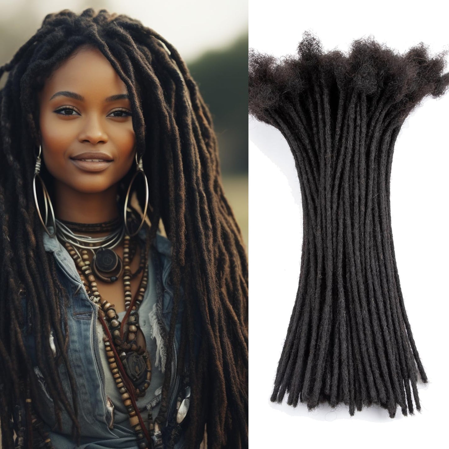 Teresa 12 Inch 0.2Cm Width Loc Extension Human Hair Natural Black 100 Strands Full Hand-Made Permanent Locs Extensions Can Be Dy