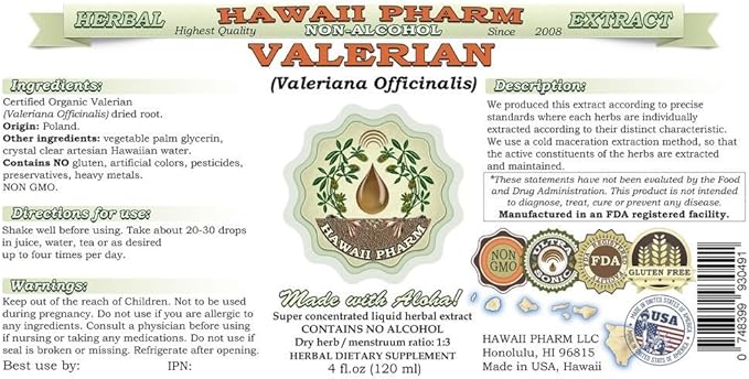 Valerian Alcohol-Free Liquid Extract, Organic Valerian (Valeriana Officinalis) Dried Root Glycerite Natural Herbal Supplement, Hawaii Pharm, USA 4x4 fl.oz