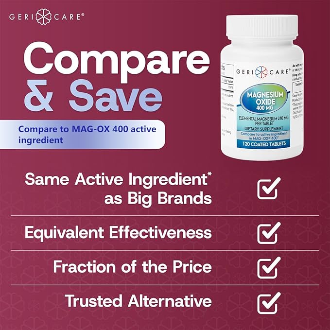 GeriCare Magnesium Oxide Supplement 240 mg, Elemental Magnesium, 120 Coated Tablets, Essential Mineral Support, Promotes Vascular Health, Bone Strength, and Muscle Function (Pack of 3)