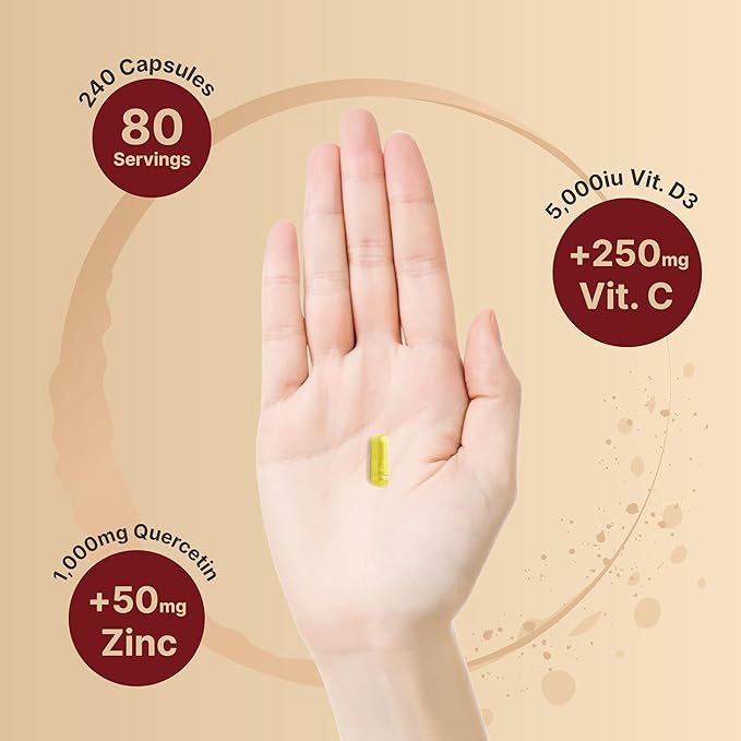 Naturebell Zinc Quercetin with Vitamin C & D3, 240 Capsules | Quercetin 1,000mg, 4 in 1 Zinc 50mg, Vitamin C 250mg, Vitamin D3 5,000 IU – ZincVanta Advanced Immune Defense & Lung Support