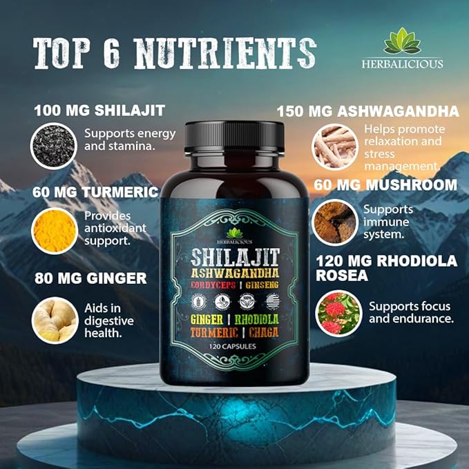 Shilajit for Men – 8-in-1 Adaptogenic Supplement with Ashwagandha, Cordyceps, Ginseng, Rhodiola, Turmeric, Chaga & Ginger – Natural Energy, Stress Relief & Immune Support – 120 Vegan Capsules