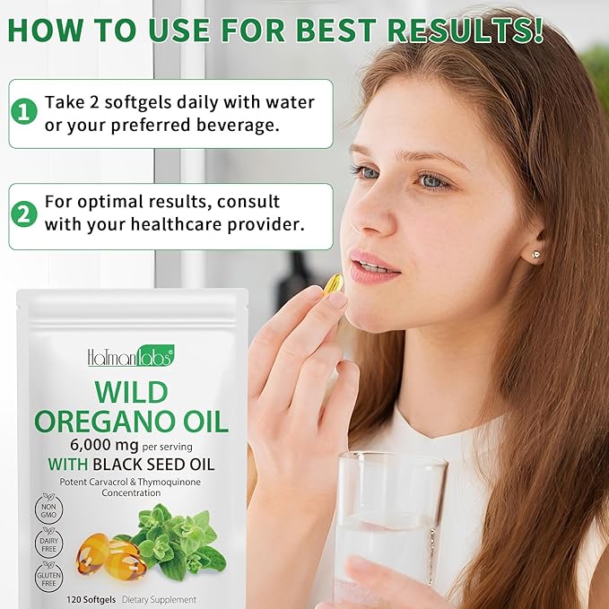Oil of Oregano Softgels, 120 Count Oregano Oil Capsules, 165mg Carvacrol, 2 in 1 6000mg Oil of Oregano with Black Seed Oil 200mg, Oregano Oil Supplement Capsules