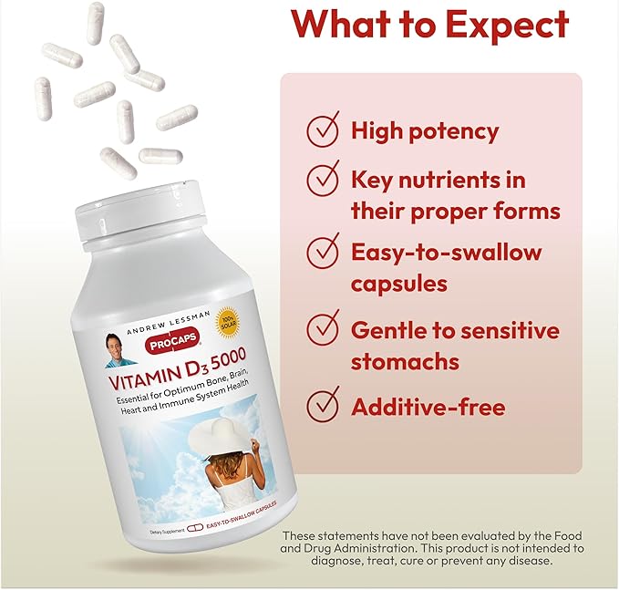 ANDREW LESSMAN Vitamin D3 5000 IU 180 Capsules - High Potency, Essential for Calcium Absorption, Supports Bone Health, Healthy Muscle Function, Immune System, More. Small Easy to Swallow Capsules