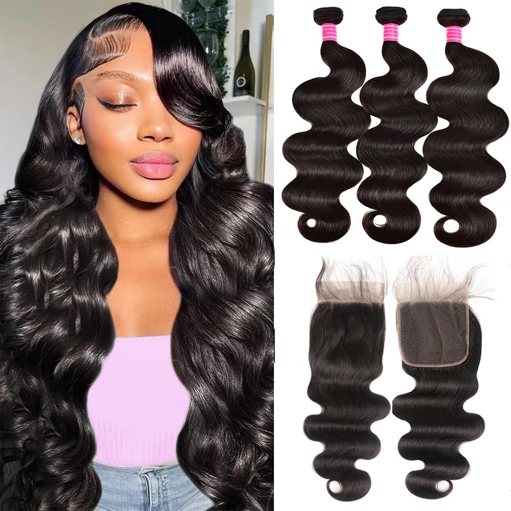 Body Wave Human Hair 3 Bundles With Closure(18 20 22+16) 10A Unprocessed Brazilian Virgin Human Hair Body Wave Bundles With 4X4