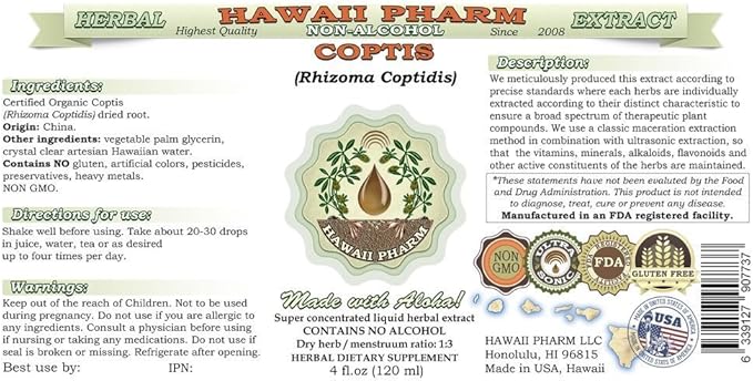 Coptis Alcohol-Free Liquid Extract, Coptis (Rhizoma Coptidis) Dried Root Glycerite Hawaii Pharm Natural Herbal Supplement 2x4 oz
