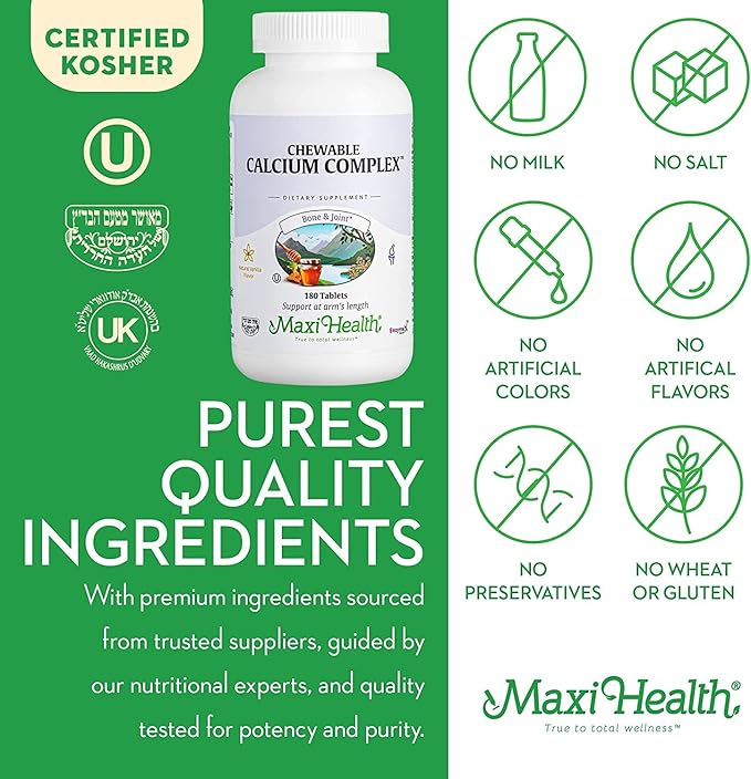 Maxi Health Chewable Calcium Complex - 1000 mg Calcium Supplement w/Vitamin D3 (1000 IU) & Magnesium (400 mg) - Bone, Teeth & Joint Support - 180 Count Chews (Pack of 2)
