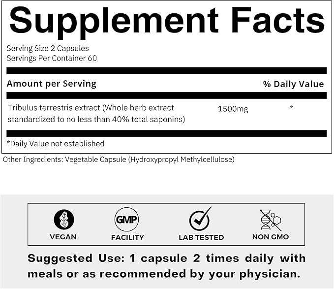 Tribulus Terrestris 750mg - Concentrated Natural Whole Plant Extract - 120 Capsules