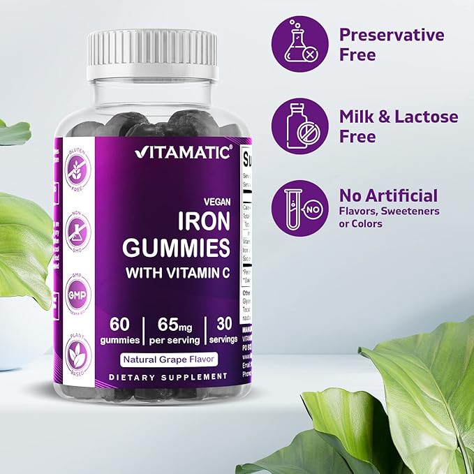 Vitamatic Iron 65 mg Gummies Supplement for Women & Men - 60 Vegan Gummies - Great Tasting Iron Gummy Vitamins with Vitamin C (6)