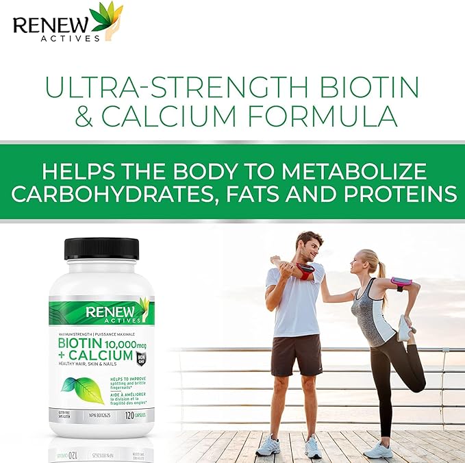 Renew Actives Biotin & Calcium 10000MCG per Serving – Supplements for Hair, Nail & Skin Care – Promotes Bone & Teeth Health – Helps Prevent Biotin Deficiency - Made in Canada – 120 Capsules