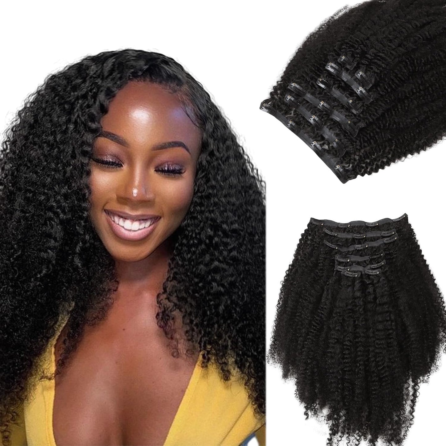 Lashey Hair Extensions Real Human Hair Afro Kinky Curly Clip In Hair Extensions 110G 7Pcs 18 Inch Natural Black Hair Extension C