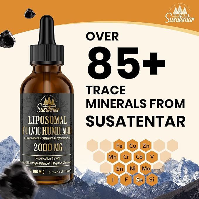 Trace Minerals Electrolytes Drops 2000 MG | Liquid Liposomal Fulvic Humic Acid Supplement | 85+ Trace Minerals | Hydration | Detoxification | Energy | pH Balance | Digestion | Immunity | 2 Oz