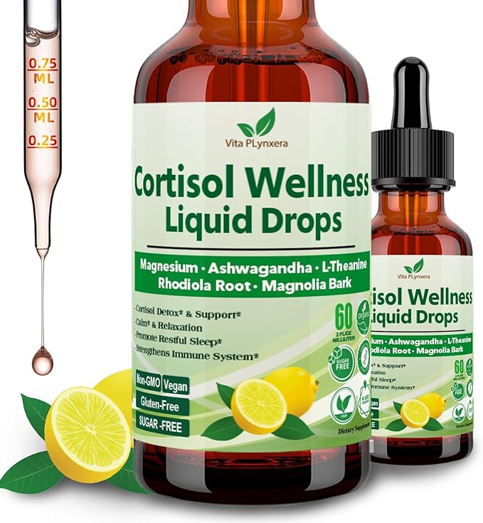 Cortisol Supplement Liquid Drops, 17-in-1 Cortisol Detox w. Magnesium Glycinate 400mg Ashwagandha, L-Theanine, Phosphatidylserine, Hormone Balanced for Women, Mood Focus, Sleep Support