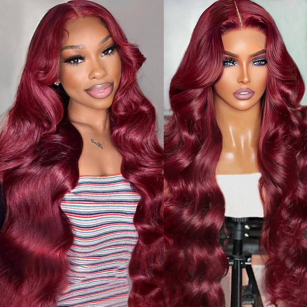 Sweetie 99J Burgundy 13X4 Lace Front Wigs Human Hair 180% Density 24 Inch Body Wave Lace Front Wigs Human Hair Glueless Wigs Hum