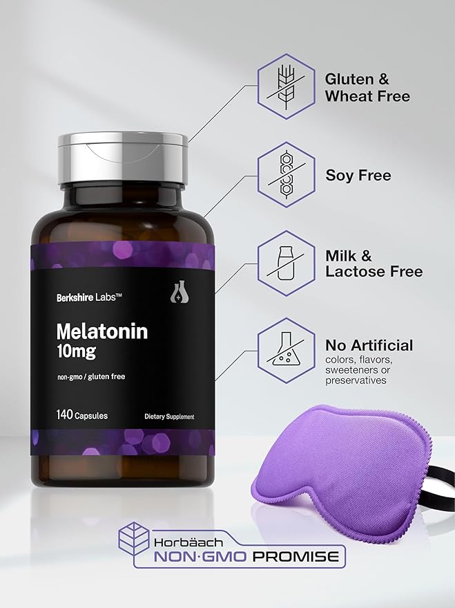 Horbäach Berkshire Labs Melatonin 10mg | 140 Quick Release Capsules | Extra Strength Formula | Non-GMO, Gluten Free Supplement