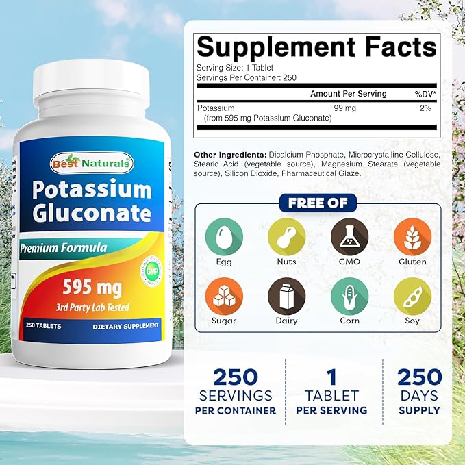 Best Naturals Potassium Gluconate Supplement 595 Mg Tablet, 250Count
