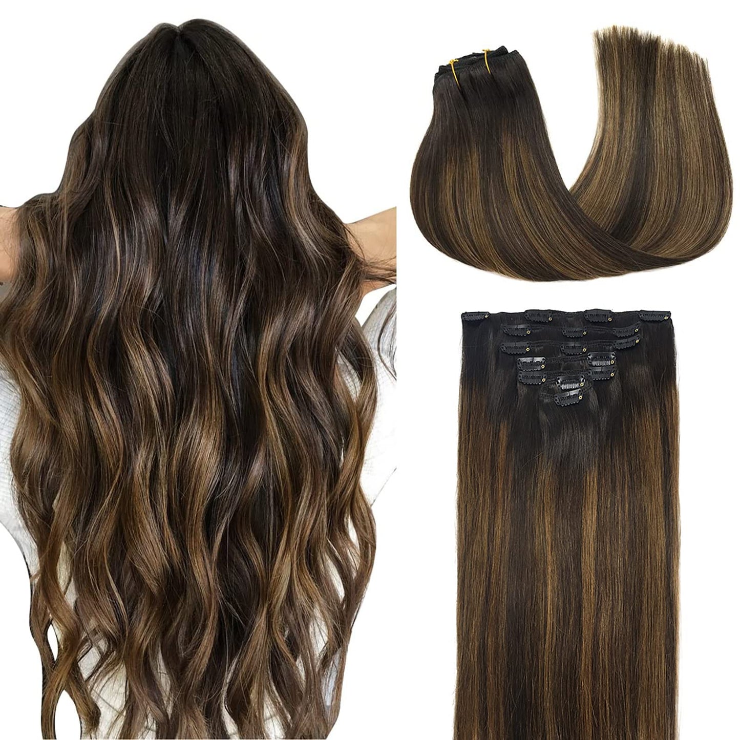 Doores Clip In Hair Extensions Human Hair Balayage Chocolate Brown To Honey Blonde 18 Inch 7Pcs 120G Remy Hair Extensions Clip I