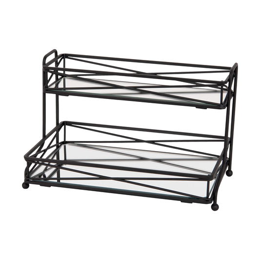 Home Details Mirrored, Perfect For Perfumes, Jewelry, Makeup, Cosmetic Organizer, Stylish Decor In Matte Black 2 Tier Vanity Tow
