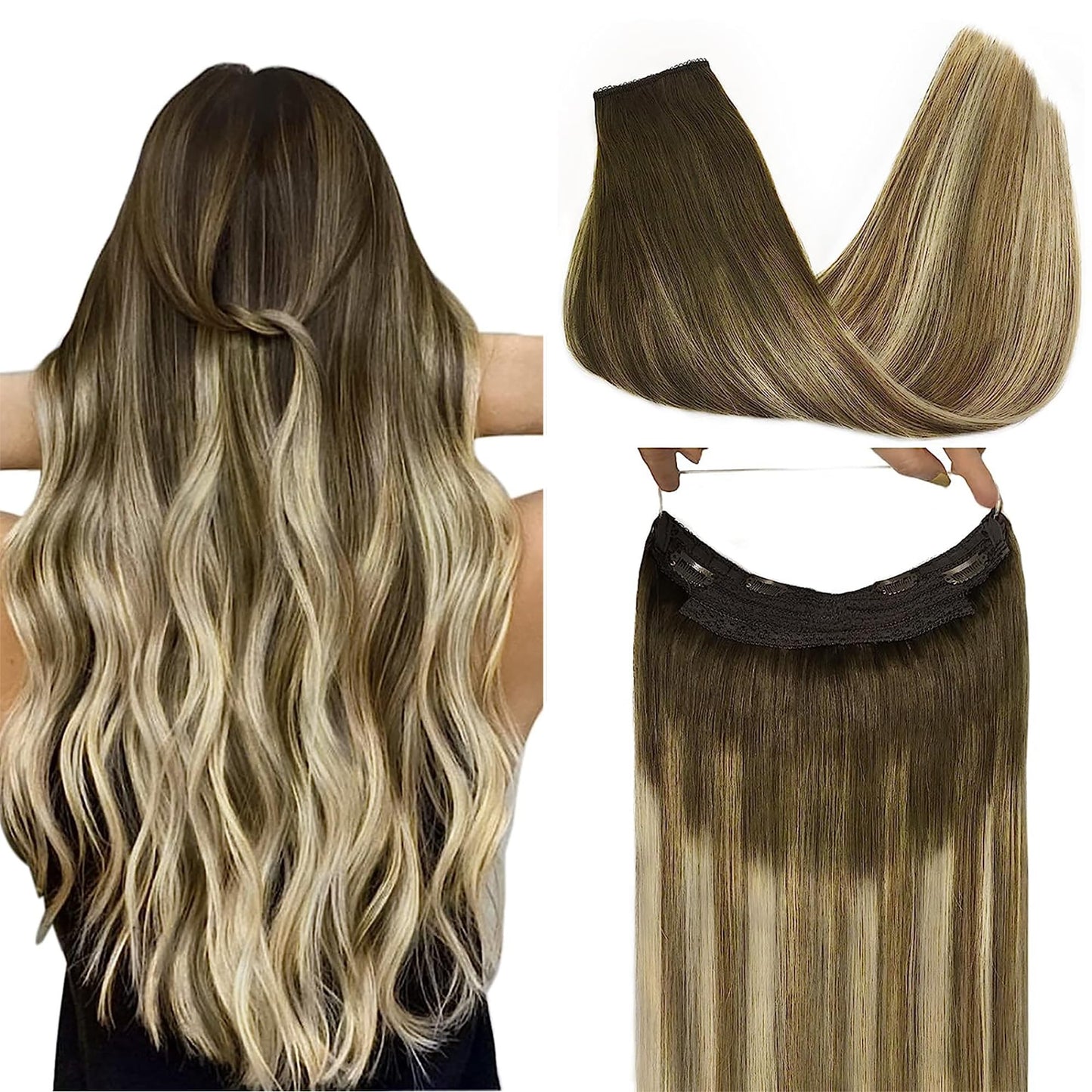 Goo Goo Wire Hair Extensions Human Hair, 3/8/613 Walnut Brown With Ash Brown And Bleach Blonde Balayage 14Inch 75G, Invisible Wi