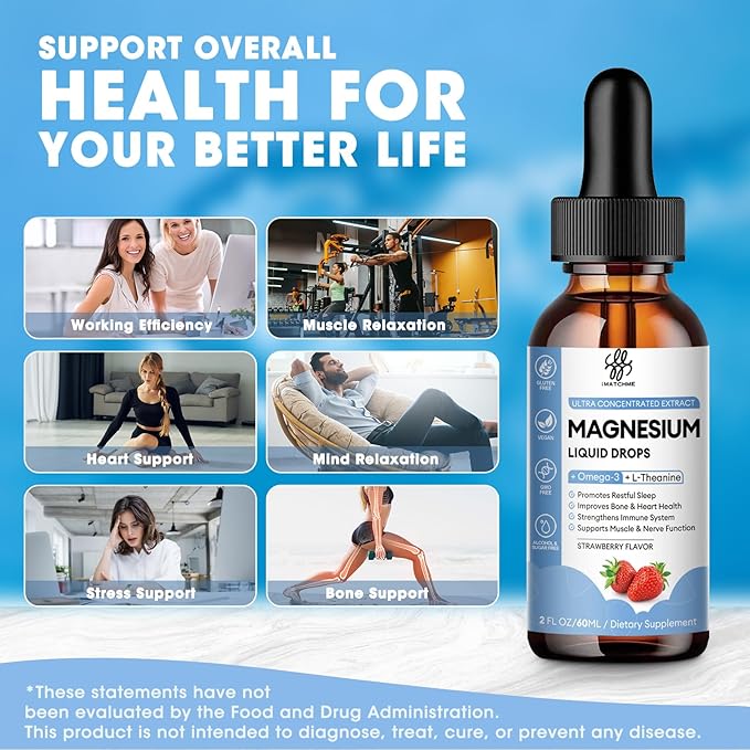 (2 Pack) Magnesium Glycinate Liquid Drop with Citrate, Oxide and Taurate, Calm Magnesium with Omega3, L-Theanine, D3, B6, B12 for Calm, Sleep, Leg Cramps, Muscles, Energy, Sugar-Free Strawberry Flavor