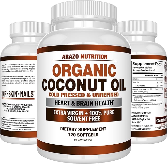 Arazo Nutrition Organic Coconut Oil 2000 MG - 100% Extra Virgin Unrefined Cold Pressed for Weight Support, Skin, Hair, Nails - 120 Softgel Capsules