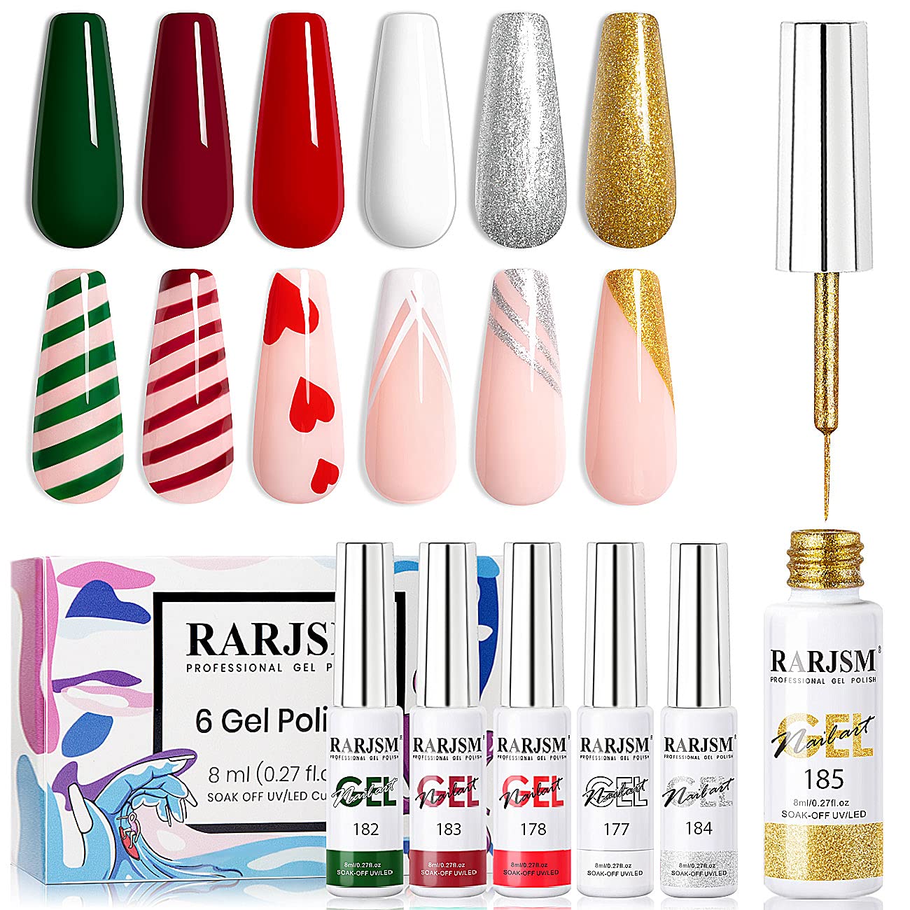 Rarjsm Painting Drawing Liner Pen Gel Nail Polish Set,Silver Gold Glitter Dark Green Red White Nail Art Design Uv Led Gel Polish