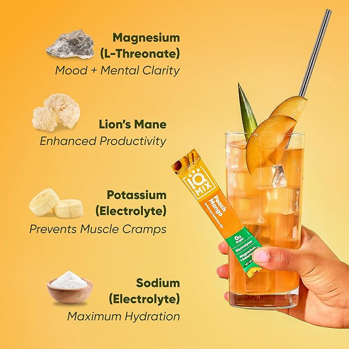 IQMIX Hydration Electrolyte Powder – 4-in-1 Formula for Hydration, Mental Clarity, Mood and Recovery – Sugar-Free Drink Mix, Keto, Magnesium L-Threonate, Lion’s Mane – 40 Count Peach Mango