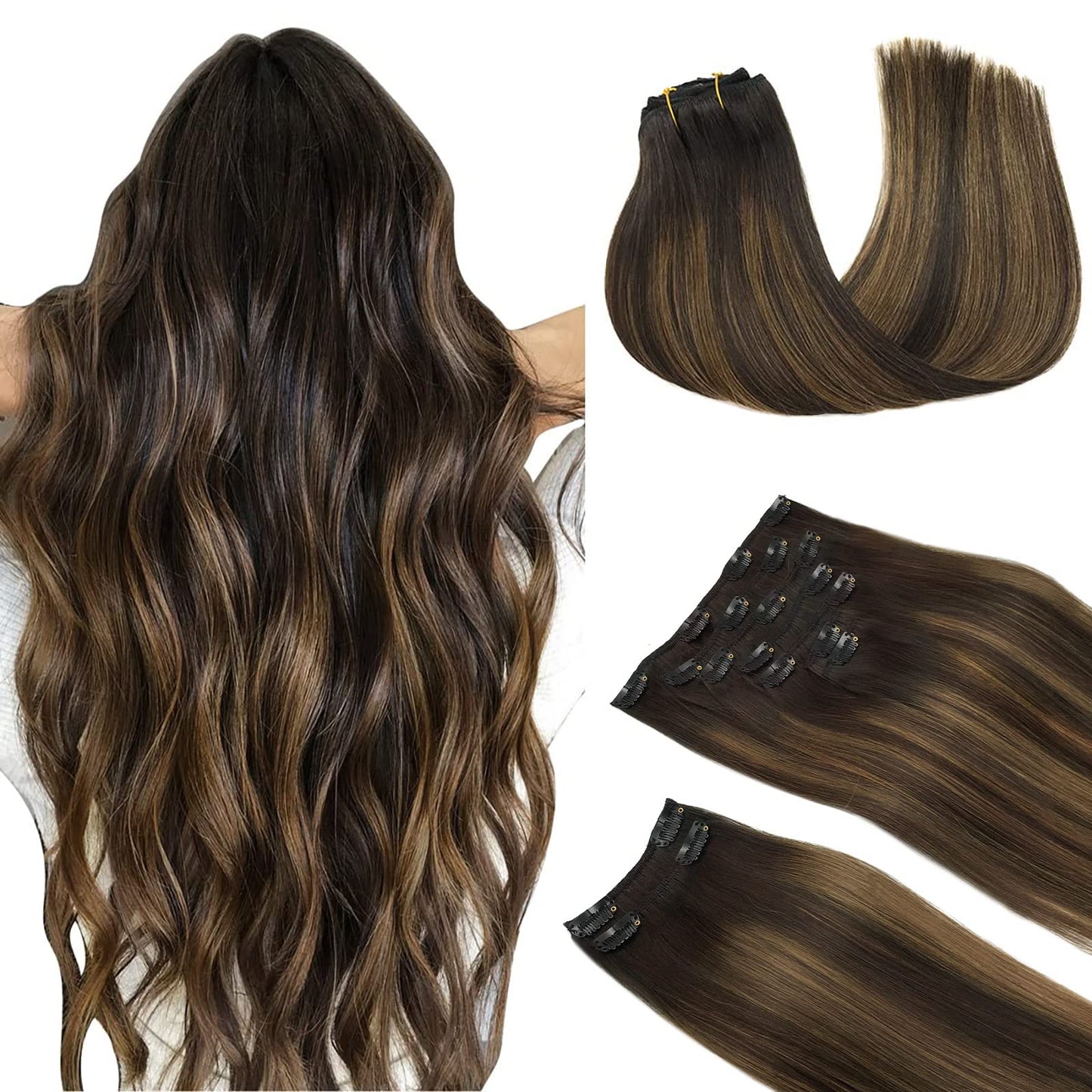Doores Hair Extensions Clip In Human Hair, Balayage Dark Brown To Chestnut Brown 16 Inch 9Pcs 150G, Clip In Extensions Human Hai