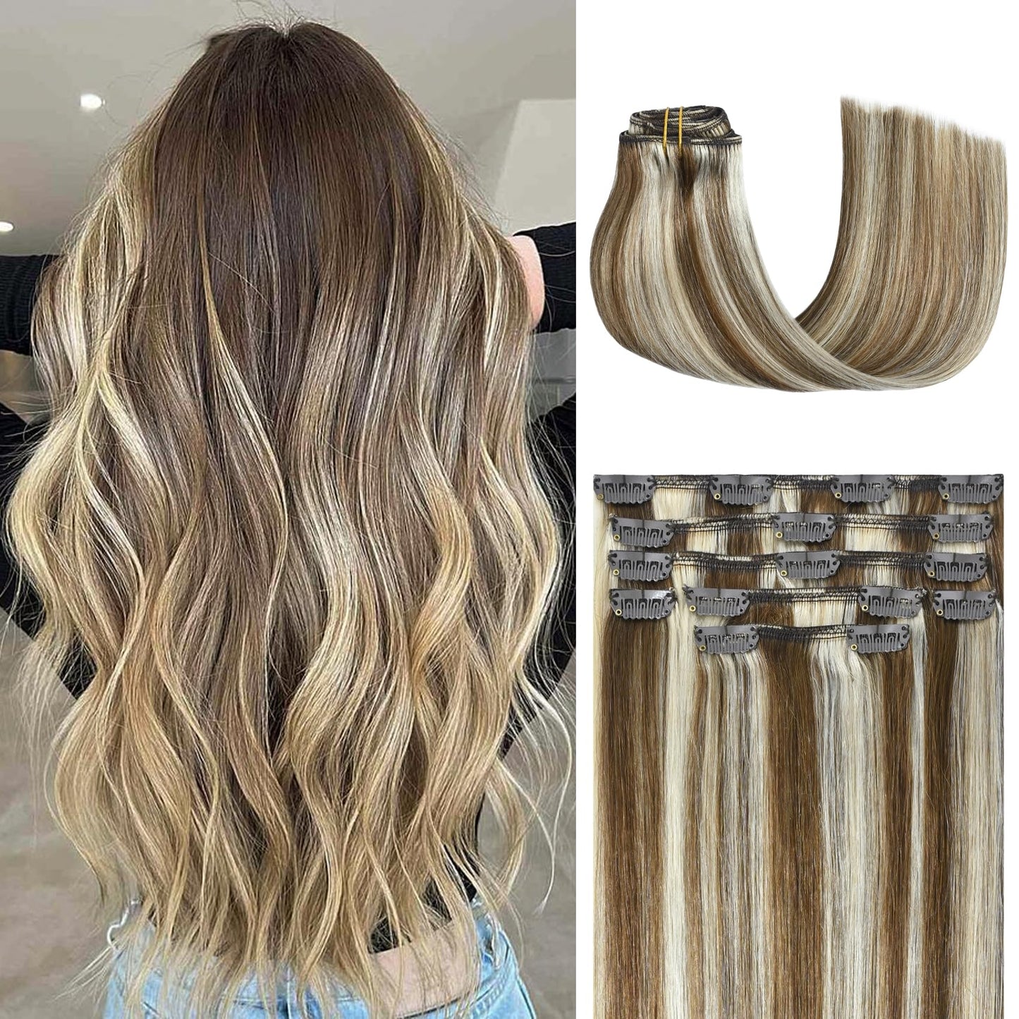 Honsoo Upgraded Clip In Hair Extensions 85G 18In Light Brown To Blonde Highlights Balayage Real Human Hair Clip Ins 7Pcs Soft St