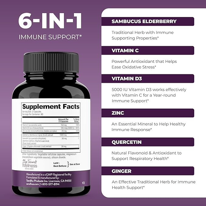 Elderberry Vitamin C and Zinc 120 Capsules | with Quercetin and Vitamin D3 | Immune Support for Adults | Zink Supplements for Men and Women | 2 Months Supply | Natural Immunity Booster