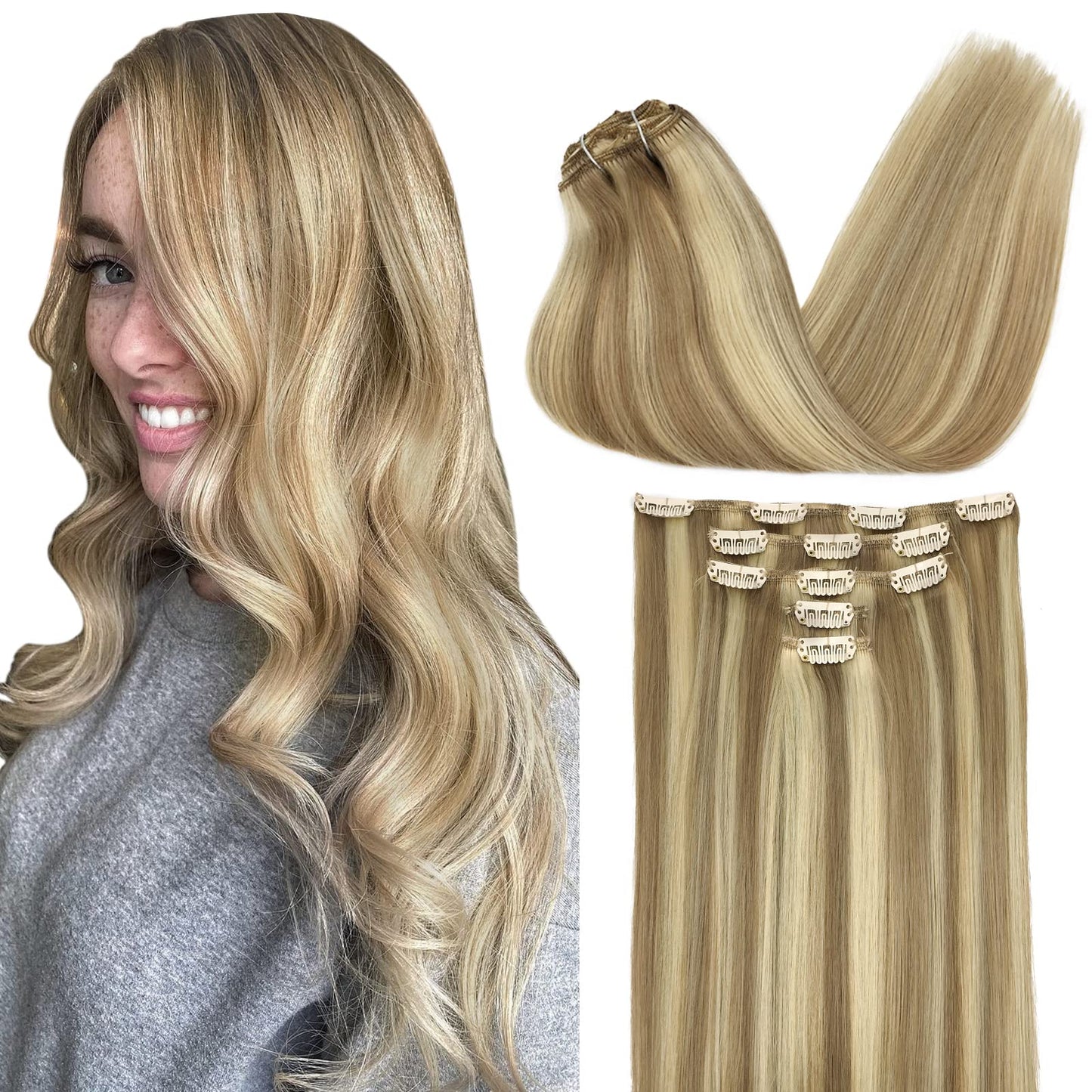 Doores Clip In Hair Extensions Human Hair, 5Pcs 75G Balayage Light Blonde Highlighted Golden Blonde 14 Inch Human Hair Extension