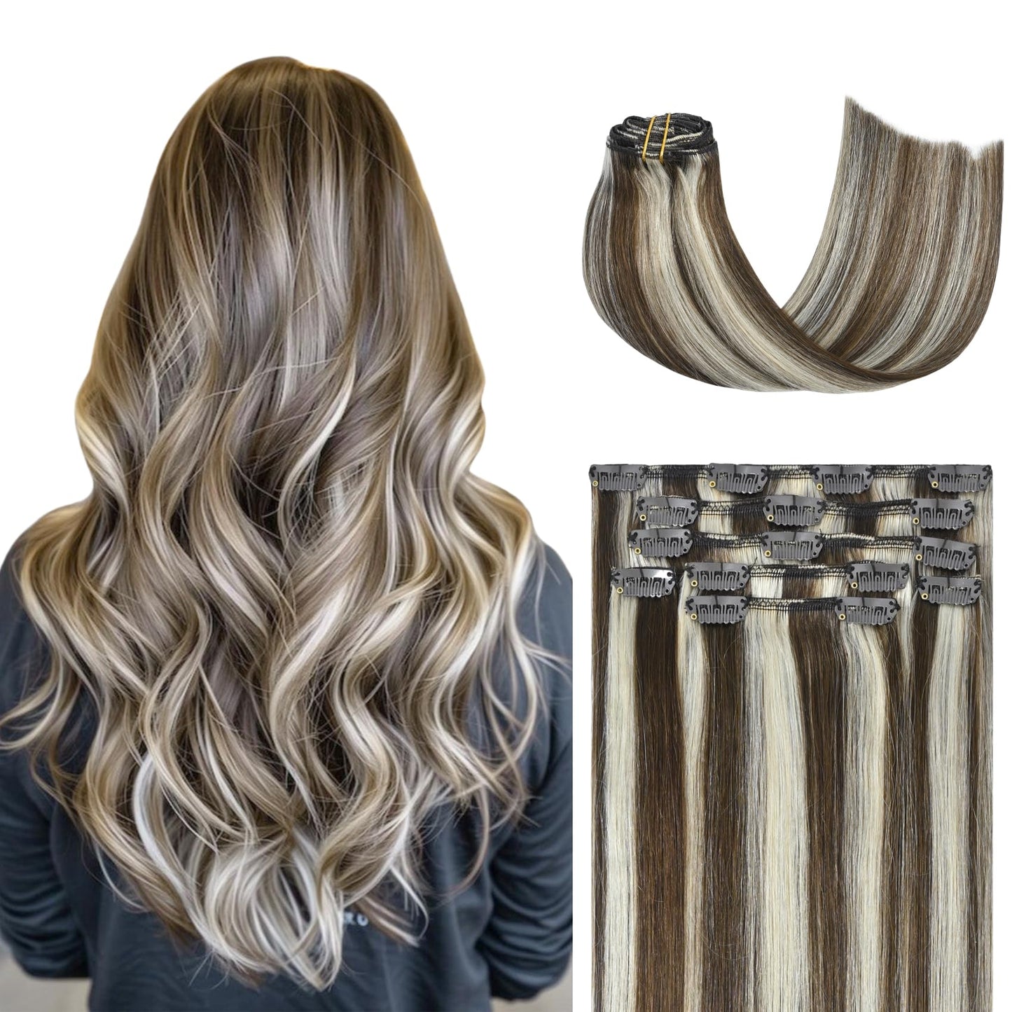 Honsoo Medium Brown To Blonde Real Human Hair Extensions Clip Ins 70G 20In 7Pcs Natural Soft Hair, Can Be Styled Long Straight N