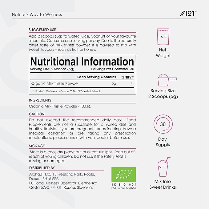 Organic Milk Thistle Powder 150g - Source of Cleansing Silymarin - Made from Cold-Pressed Milk Thistle - Vegan, Raw, Non-GMO.