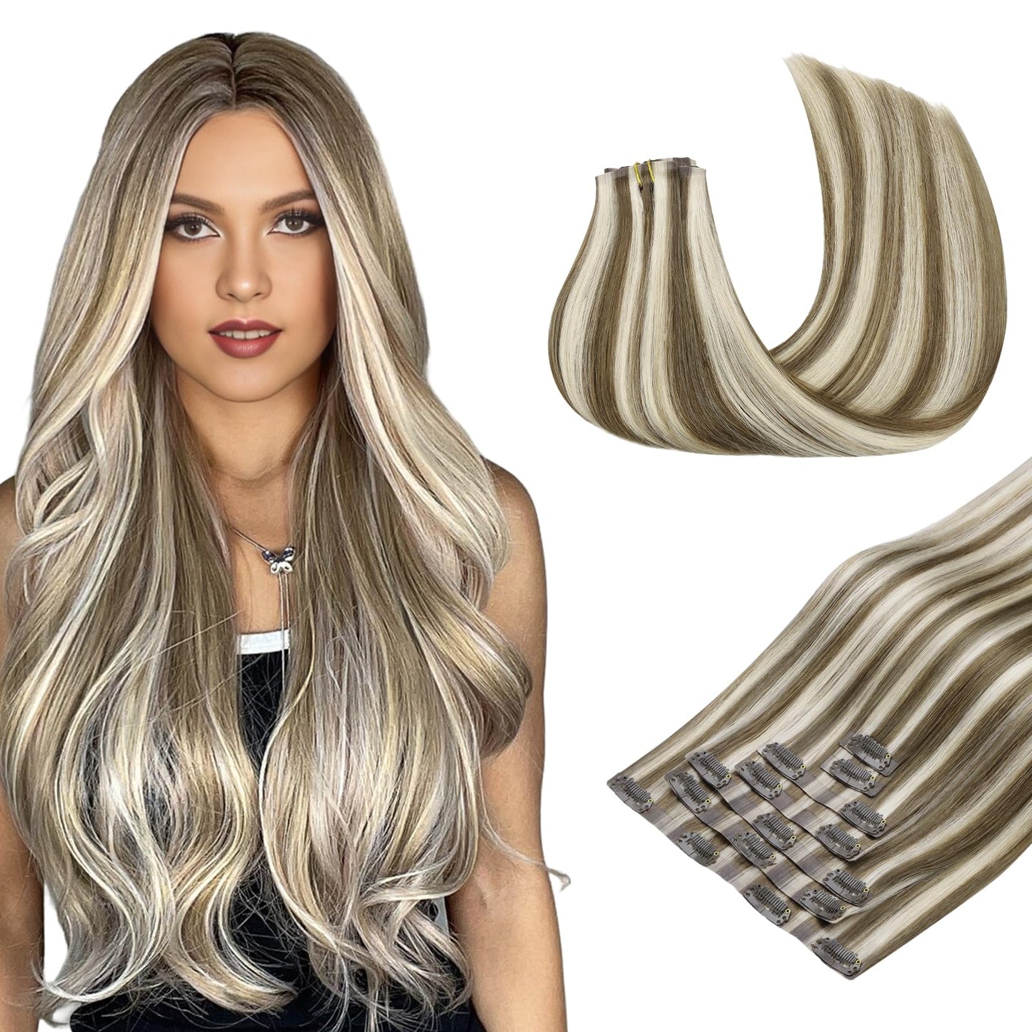 Maxita Clip In Hair Extensions Real Human Hair,110G 7Pcs Platinum Blonde Bronde 18 Inch,Seamless Hair Extensions Clip In Human H
