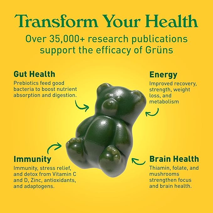 Gruns Adults Super Greens Gummies, Superfood Gummy Bears with Spirulina, Chlorella, Prebiotics & Fiber for Digestive Health, Adaptogens Supplement with 20 Vitamins & Minerals, Low Sugar, 28 Packets