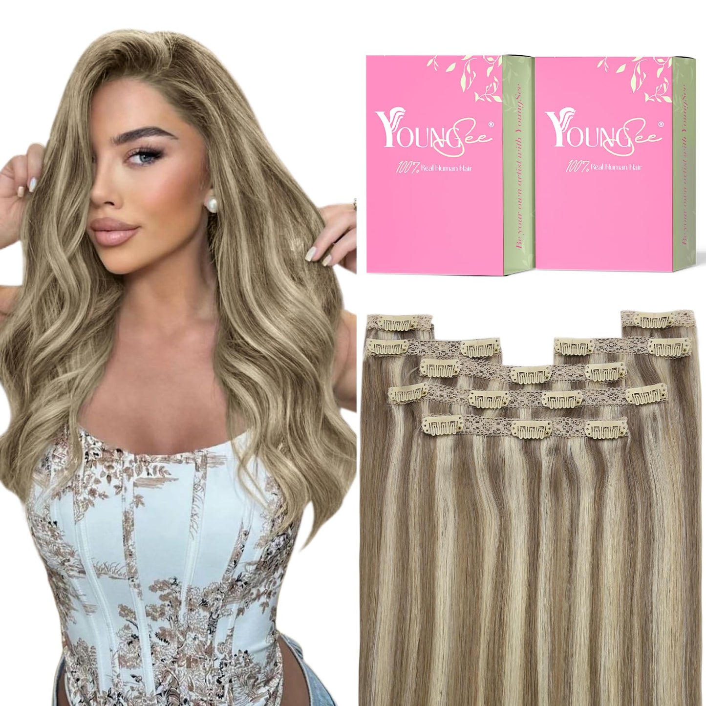 Youngsee Clip In Extensions Highlight Clip On Hair Extensions Human Hair Brown With Blonde Highlights Soft Clip In Hair Extensio