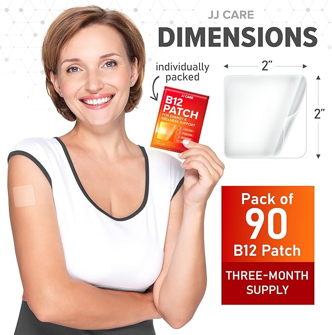 JJ CARE B12 Patch (Pack of 90), Self-Adhesive Natural Blend Topical Daily B12 Energy Patches, 3 Months Supply