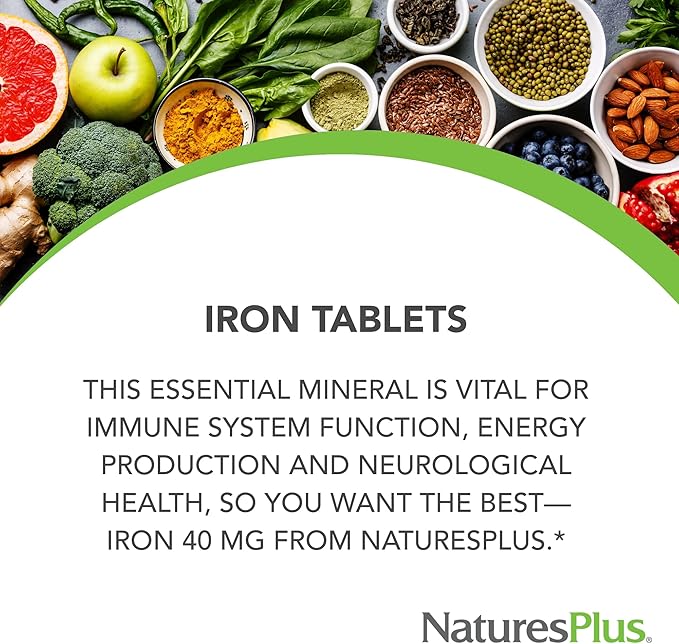 NaturesPlus Iron - 40 mg, 90 Tablets - Vegetarian, Gluten Free - 45 Servings