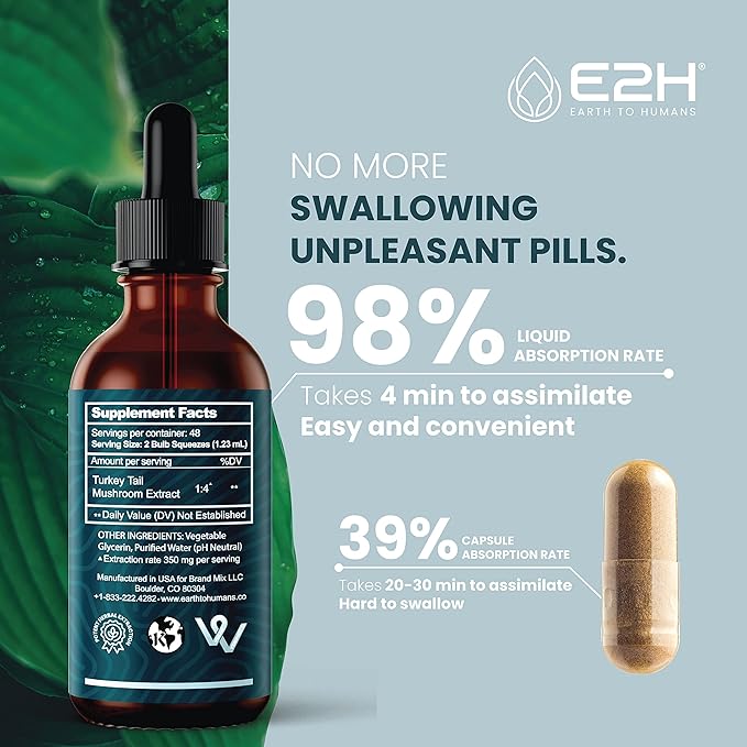 E2H Turkey Tail Mushroom Extract - All-Natural Immune System & Digestive Support from Advanced Mushroom Supplement - Turkey Tail Mushrooms Supplement - Non-GMO, Vegan (2 Bottles)