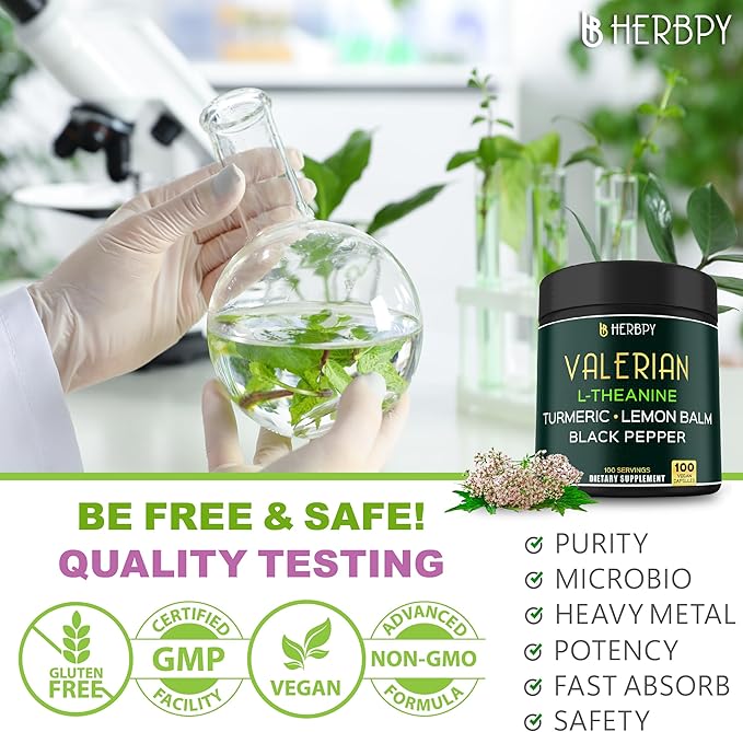 5in1 Valerian Root Capsules Plus L-Theanine, Lemon Balm, Turmeric and Black Pepper for Relaxation, Restful Night, Digestion & Immune Support - 100 Count