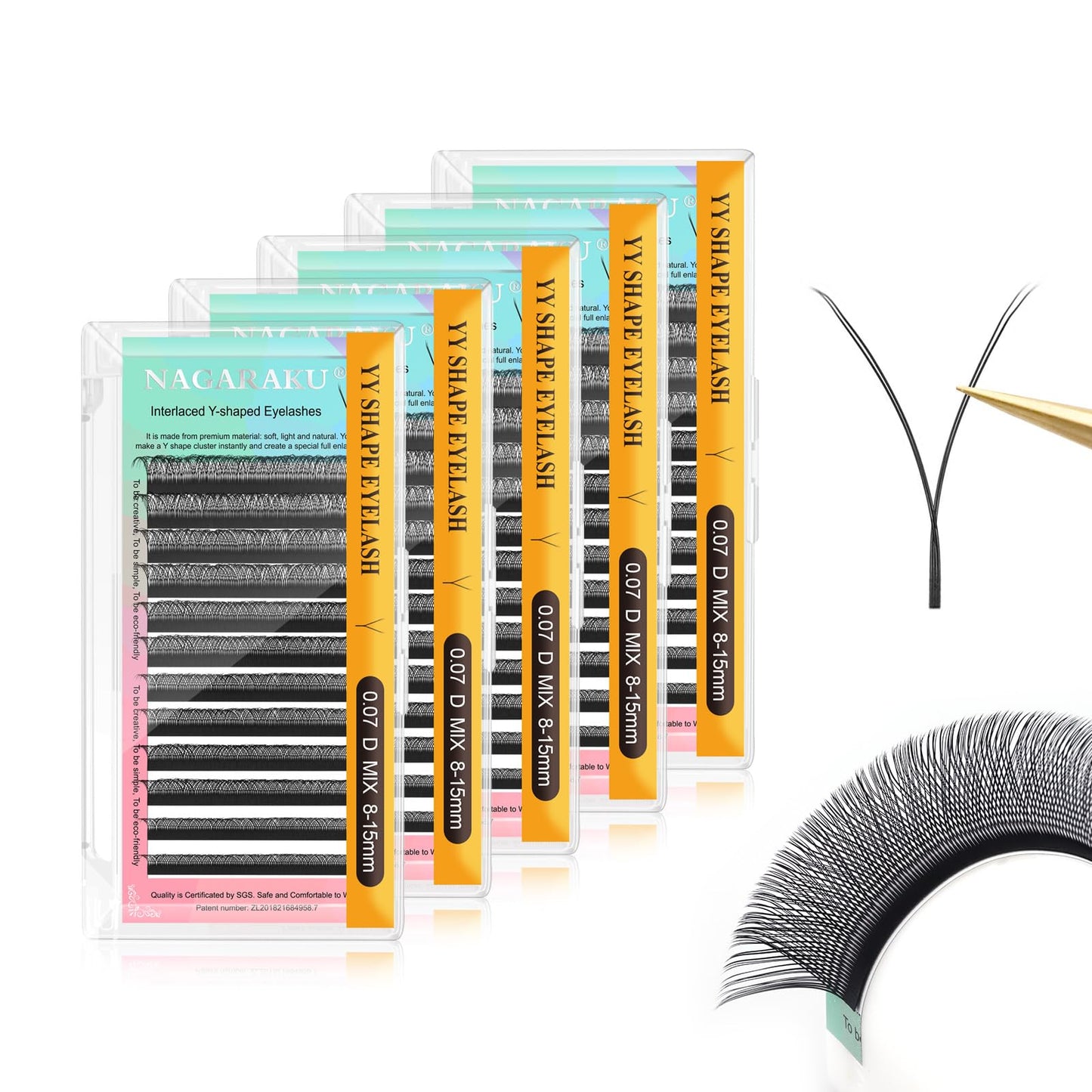 Nagaraku 5 Trays Yy Eyelash Extensions Y Lash 0.07Mm D 8-15Mm Mix Tray In 1 Pack Premade 4D Easy Fan Russian Volume Cluster Faux