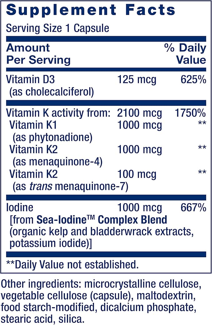 Life Extension Pregnenolone Hormone Balance 100mg, Vitamin D3 K1 K2 Iodine Immune Bone 60 Capsules Bundle