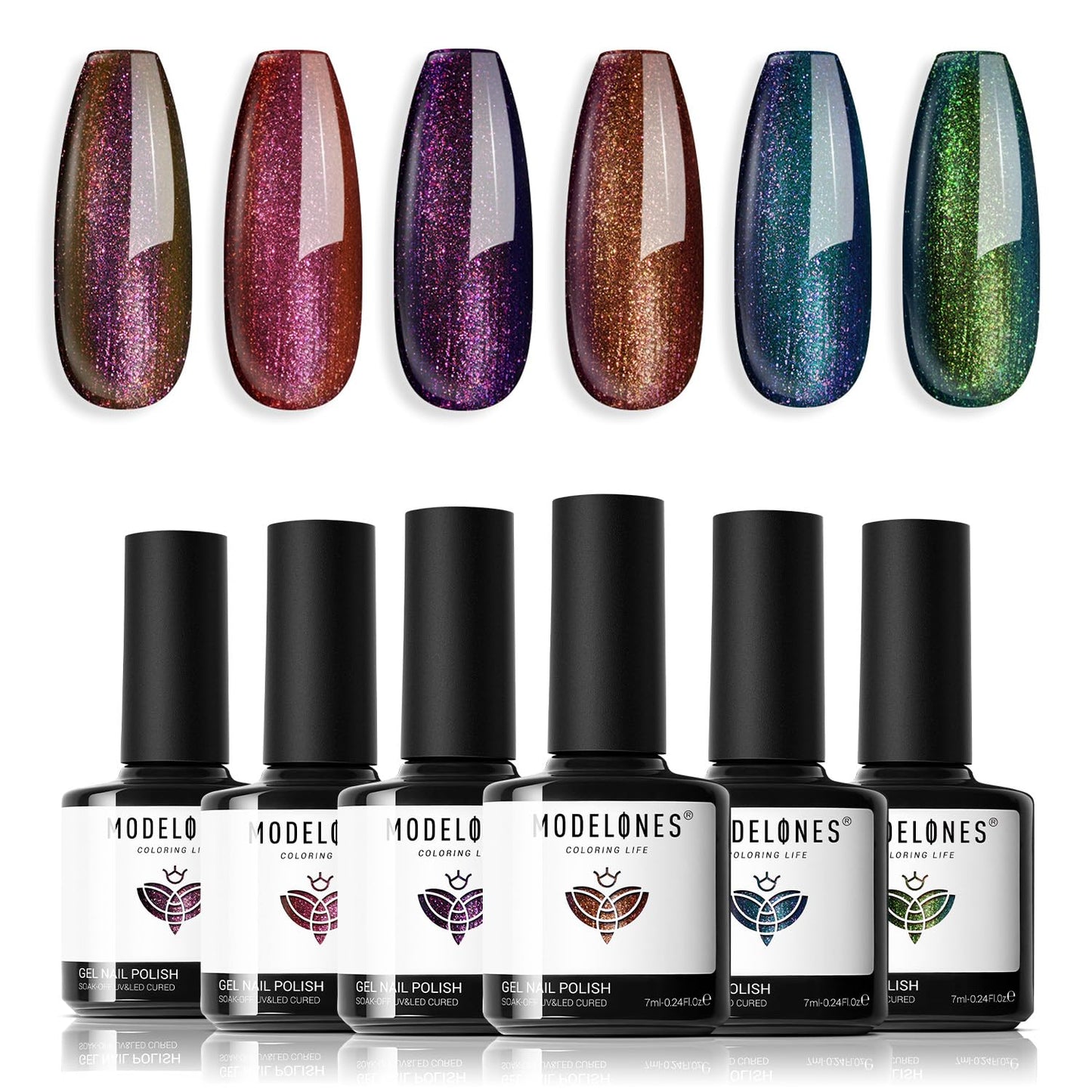 Modelones Chameleon Gel Nail Polish Set - 6 Colors Aurora Gel Polish Kit Blue Green Purple Red Brown Glitter Gel Polish All Seas