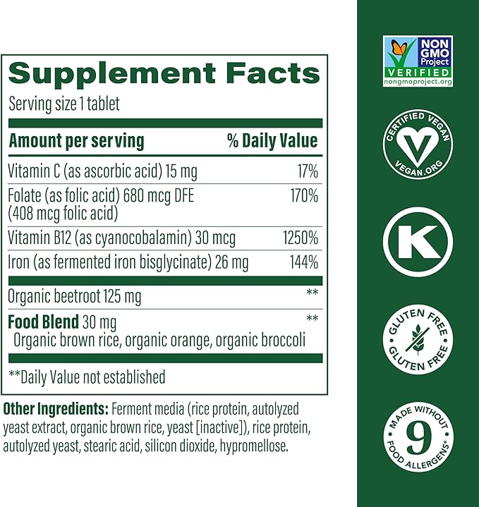 MegaFood Blood Builder - Iron Supplement Clinically Shown to Increase Iron Levels without Side Effects - Supplement for Women with Vitamin C, Vitamin B12 & Folic Acid - Vegan - 180 Tabs