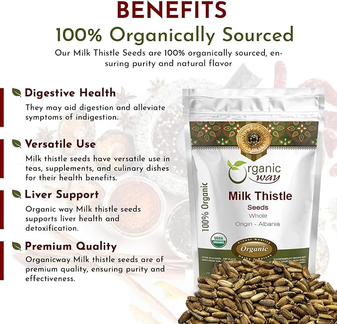 Organic Way Whole Milk Thistle Seeds (Silybum marianum) - European Wild-Harvest, Organic & Kosher Certified, Vegan, Non GMO & Gluten Free, USDA Certified, Origin - Albania (4 Oz)