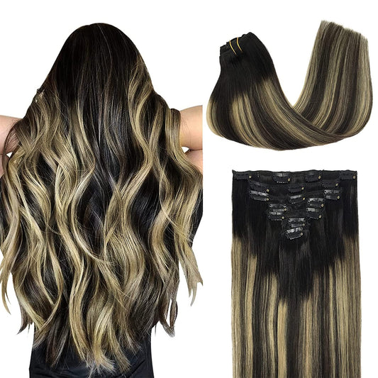 Doores Hair Extensions Clip In Human Hair, Balayage Natural Black To Light Blonde 18 Inch 120G 7Pcs Remy Clip In Human Hair Exte