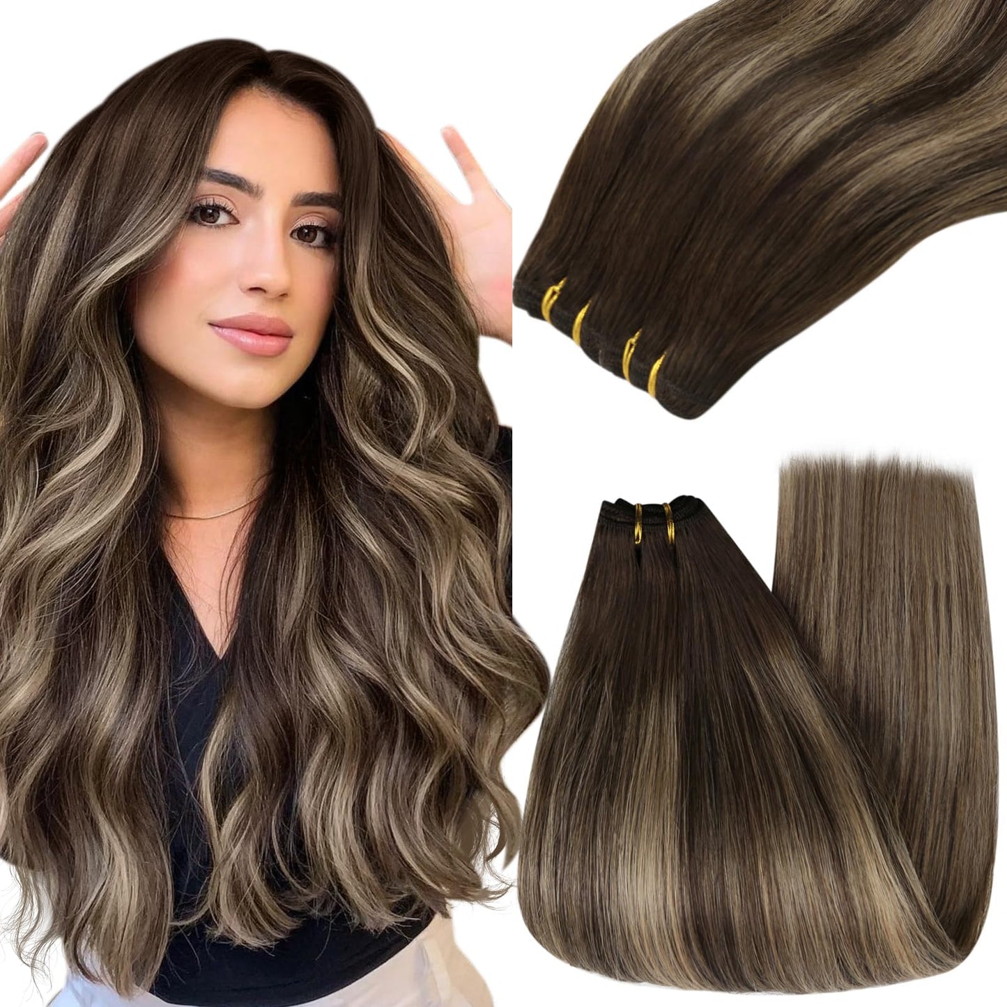 Youngsee 130G Weft Hair Extensions 24 Inch Balayage Sew In Human Hair Extensions Dark Brown Fading To Caramel Blonde Mix Brown B